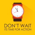 Time for Action and Dont Wait Concept. Stopwatch clock ticking on dark yellow background. Modern flat design. Negative space on bottom can be used to extra wording.