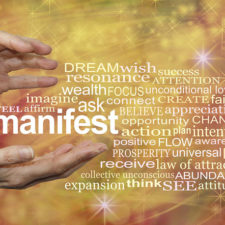 Manifest Your Dreams Word Cloud - female hands with the word MANIFEST floating between surrounded by a relevant word cloud on a warm golden swirling sparkling energy formation background