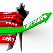 Superhero word on a green arrow rising above opposite Zero arrows falling to illustrate one who is top performer or best at work in getting jobs or tasks done with great results
