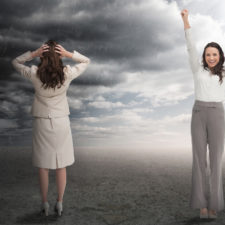 Successful and stressed businesswomen in contrasting weather